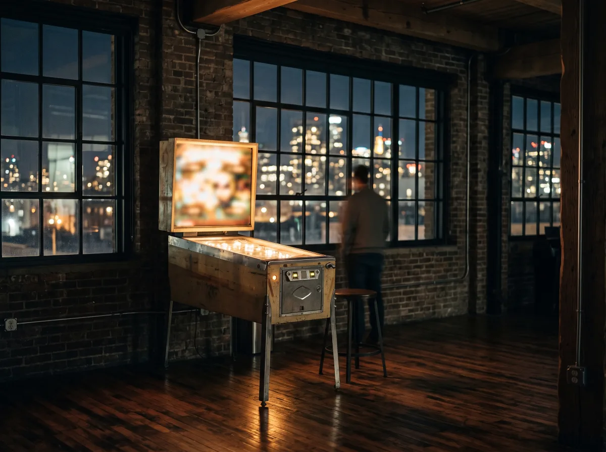 A delivered pinball machine lighting up a Beacon loft rec room