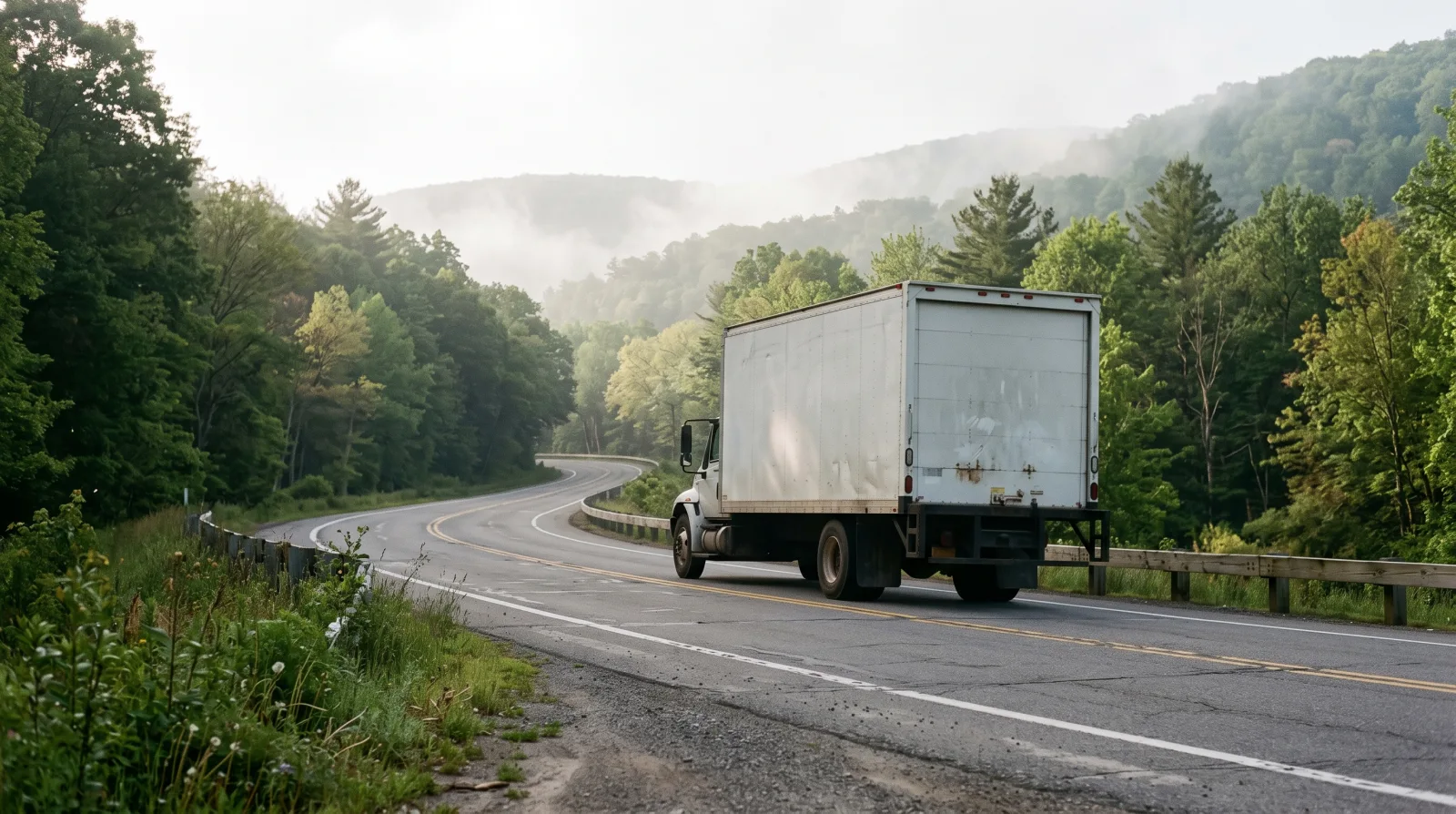 Box truck on a two-lane highway through wooded hills