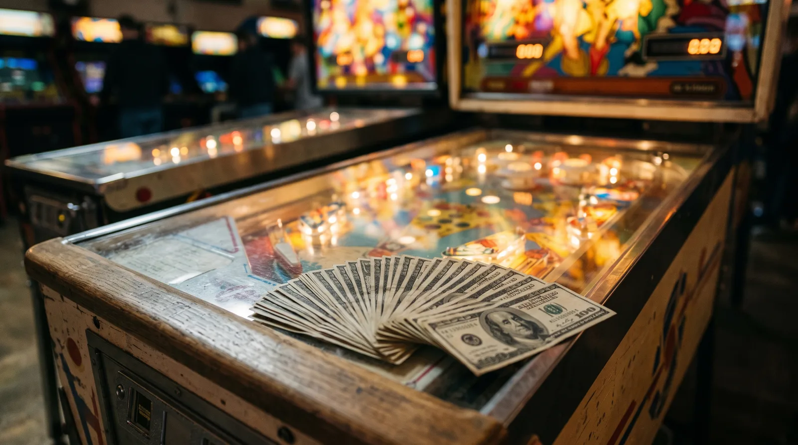 Cash resting on the glass of a glowing pinball machine
