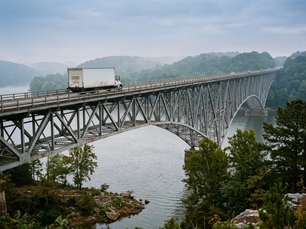 Box truck crossing a steel truss bridge over the Hudson River