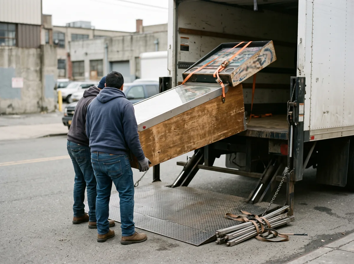 Two movers lifting a pinball machine onto a box truck liftgate