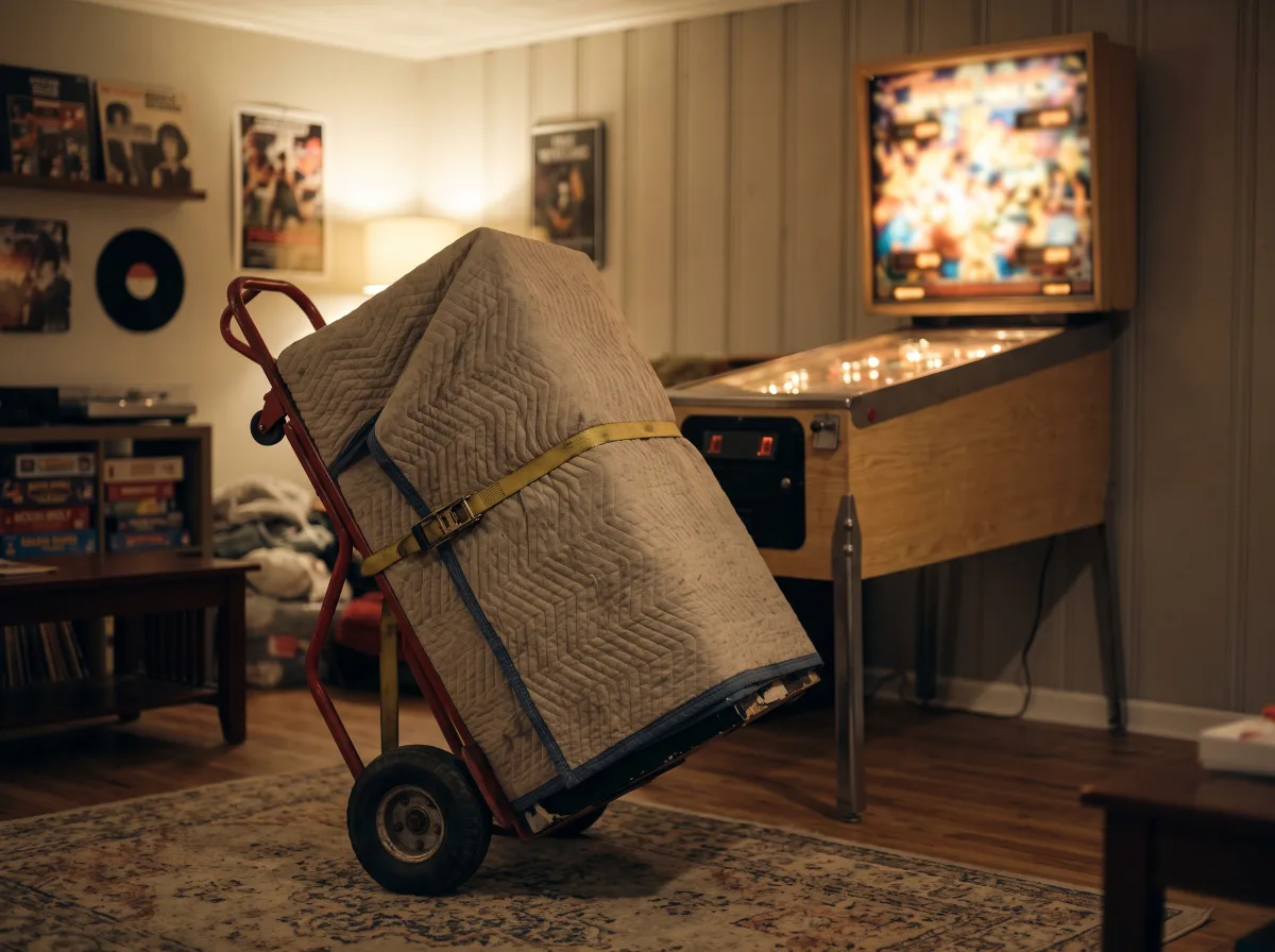 Trade-in pinball machine on a hand truck beside the machine taking its place