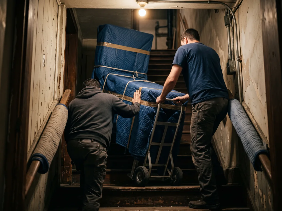 Movers guiding a blanket-wrapped pinball machine up a narrow basement staircase