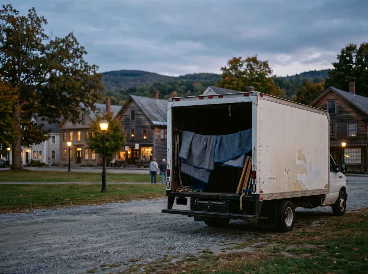 Box truck parked at a village green at dusk