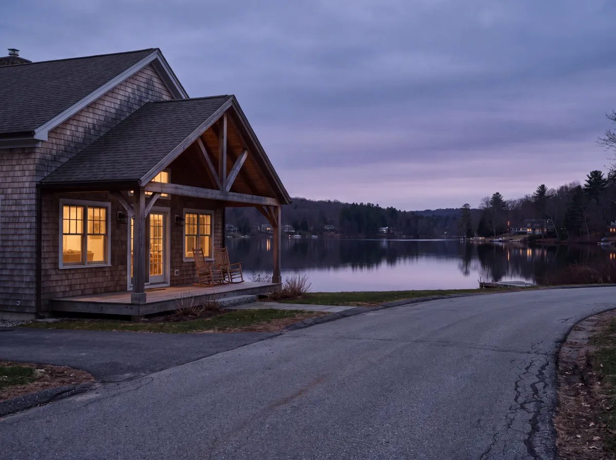 Lakeside cottage porch at Carmel at dusk