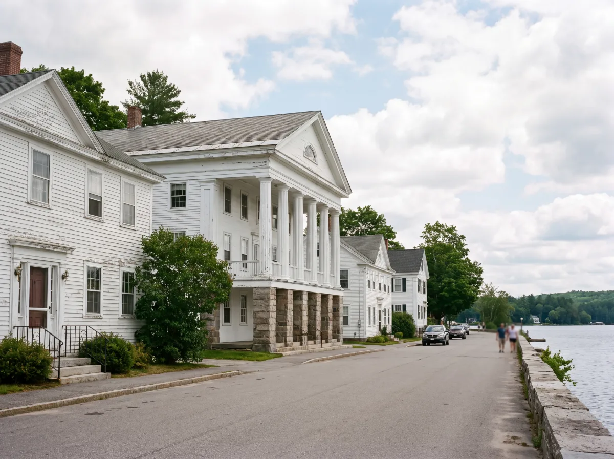 White-columned courthouse and clapboard buildings at Carmel