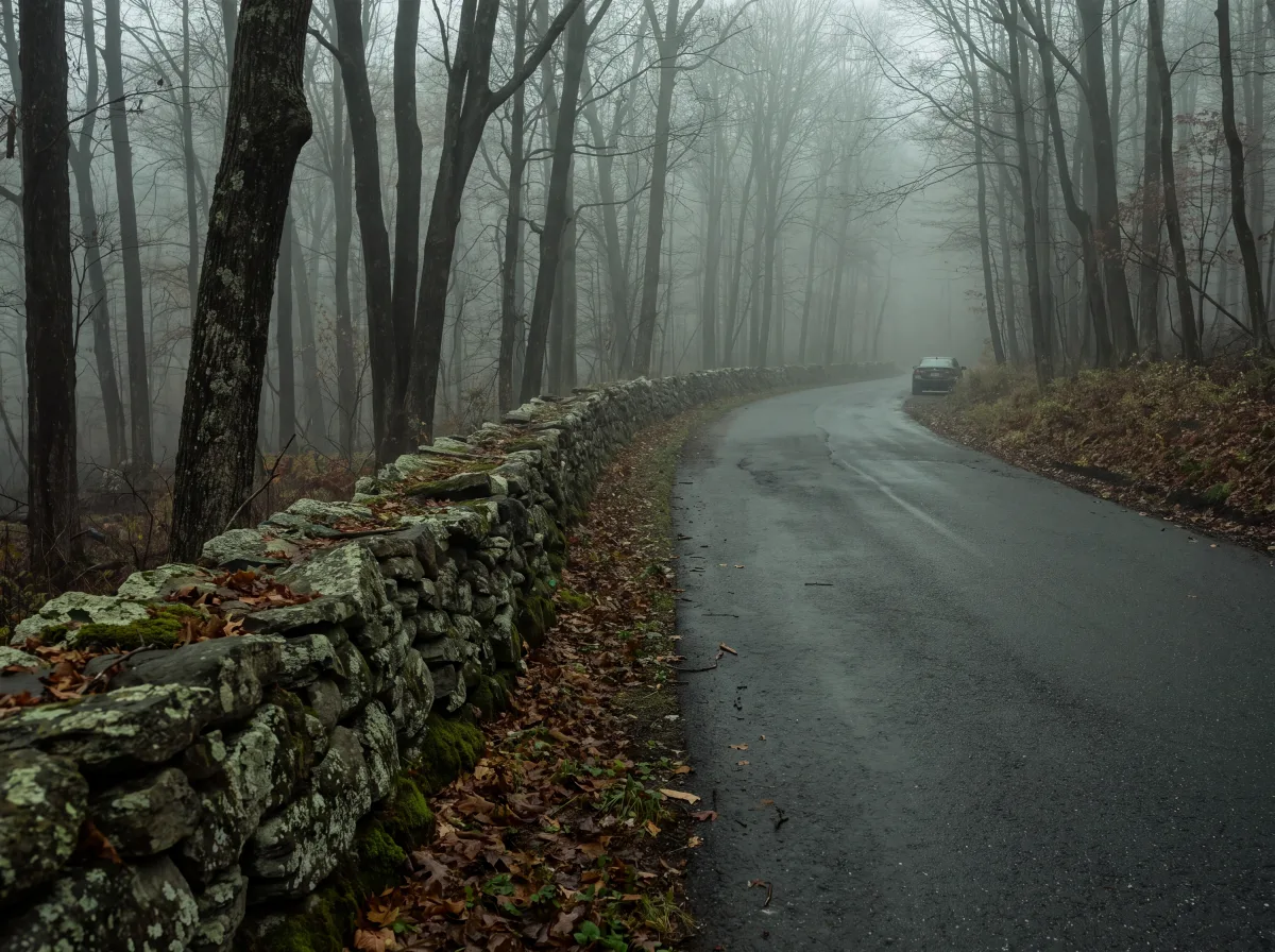 Stone wall along a foggy wooded road in Cornwall