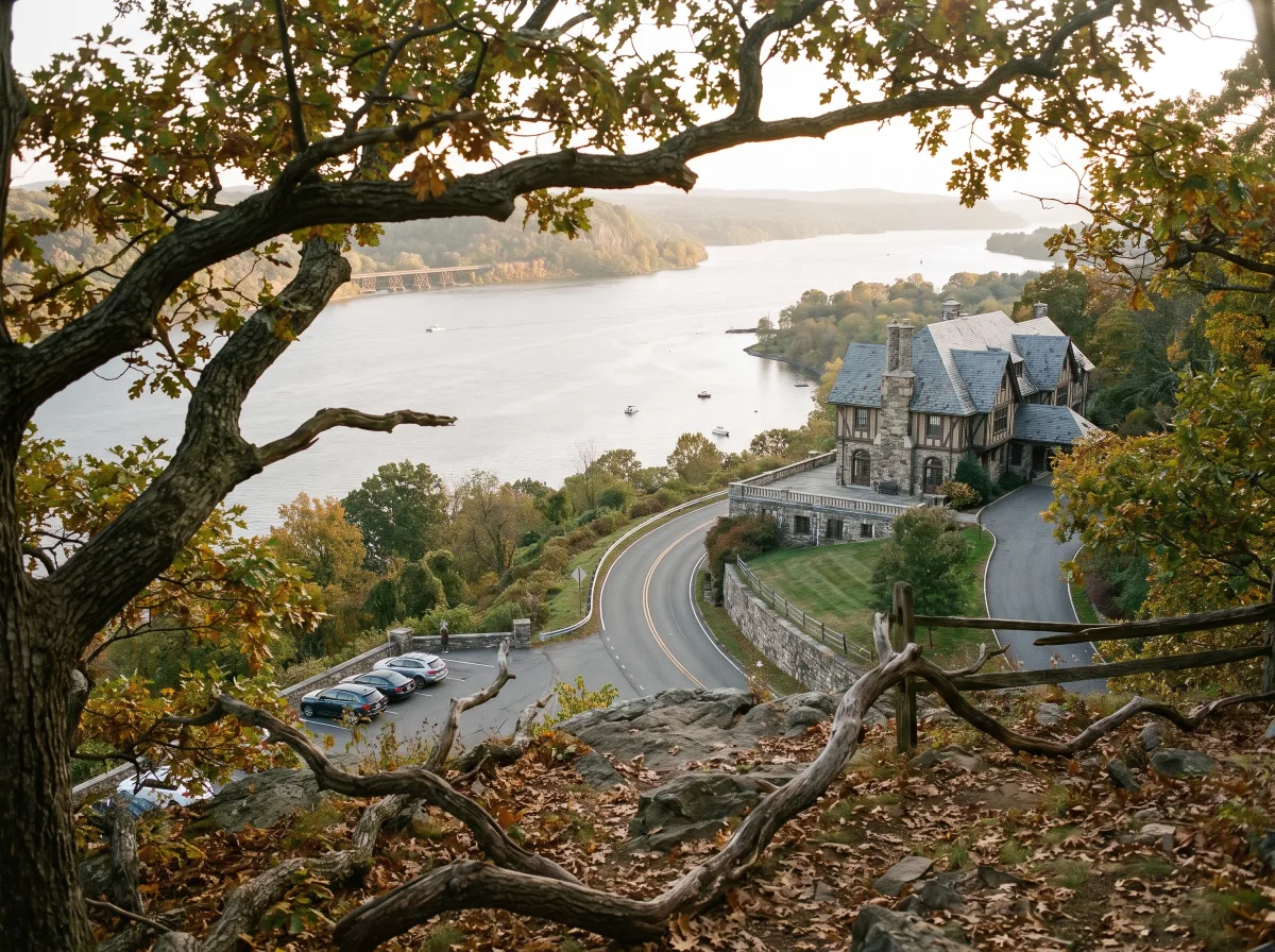 Hudson River overlook at Hyde Park at golden hour