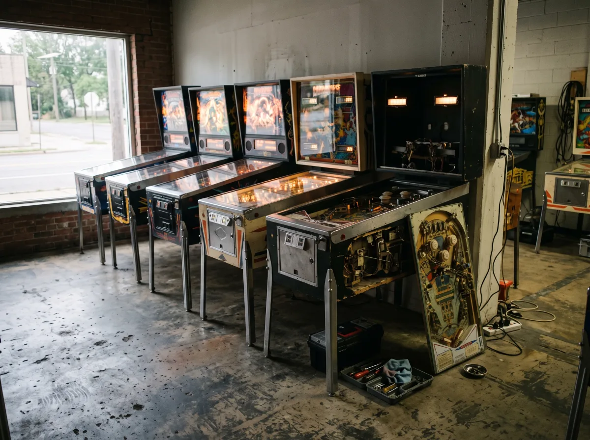 Showroom floor with a row of lit pinball machines