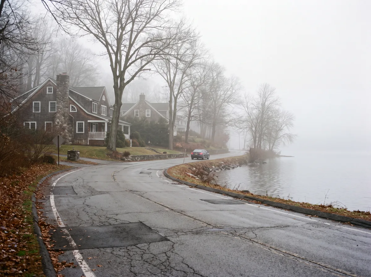 Winding lakeside road at Mahopac in fog
