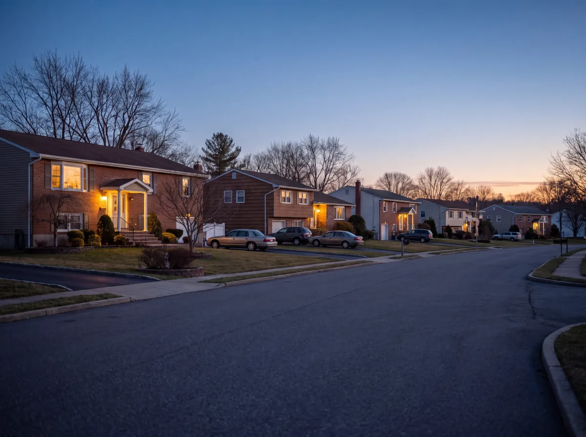 Split-level street in Middletown at blue hour