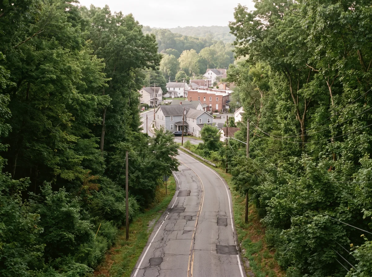 Winding road descending toward Monroe