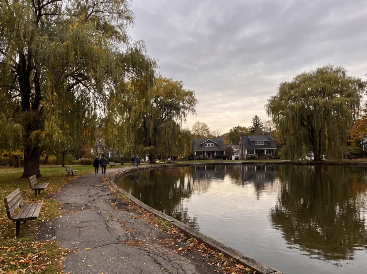 Willow-ringed pond in New City at dusk