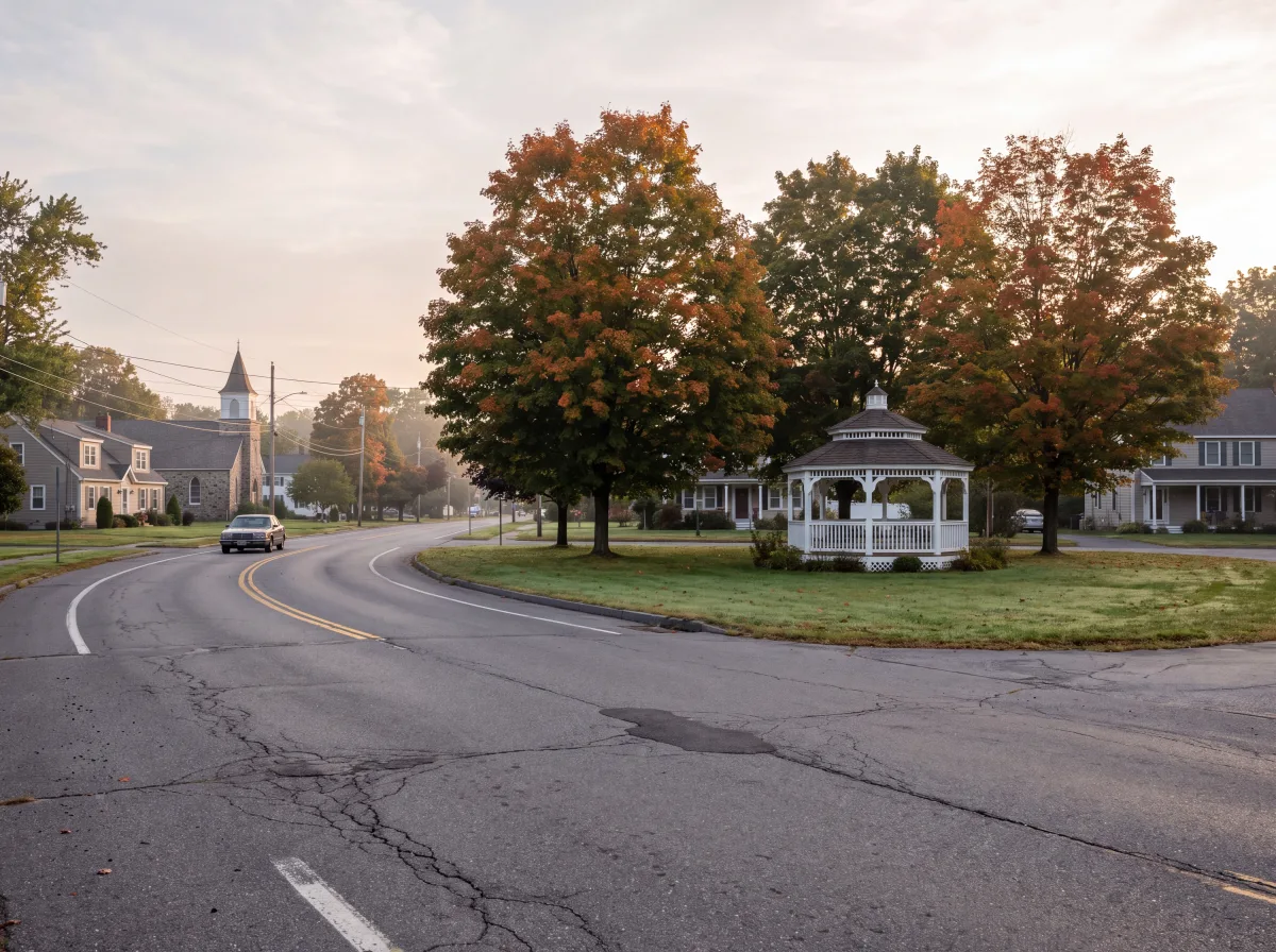 Two-lane road past a hamlet green in New Windsor