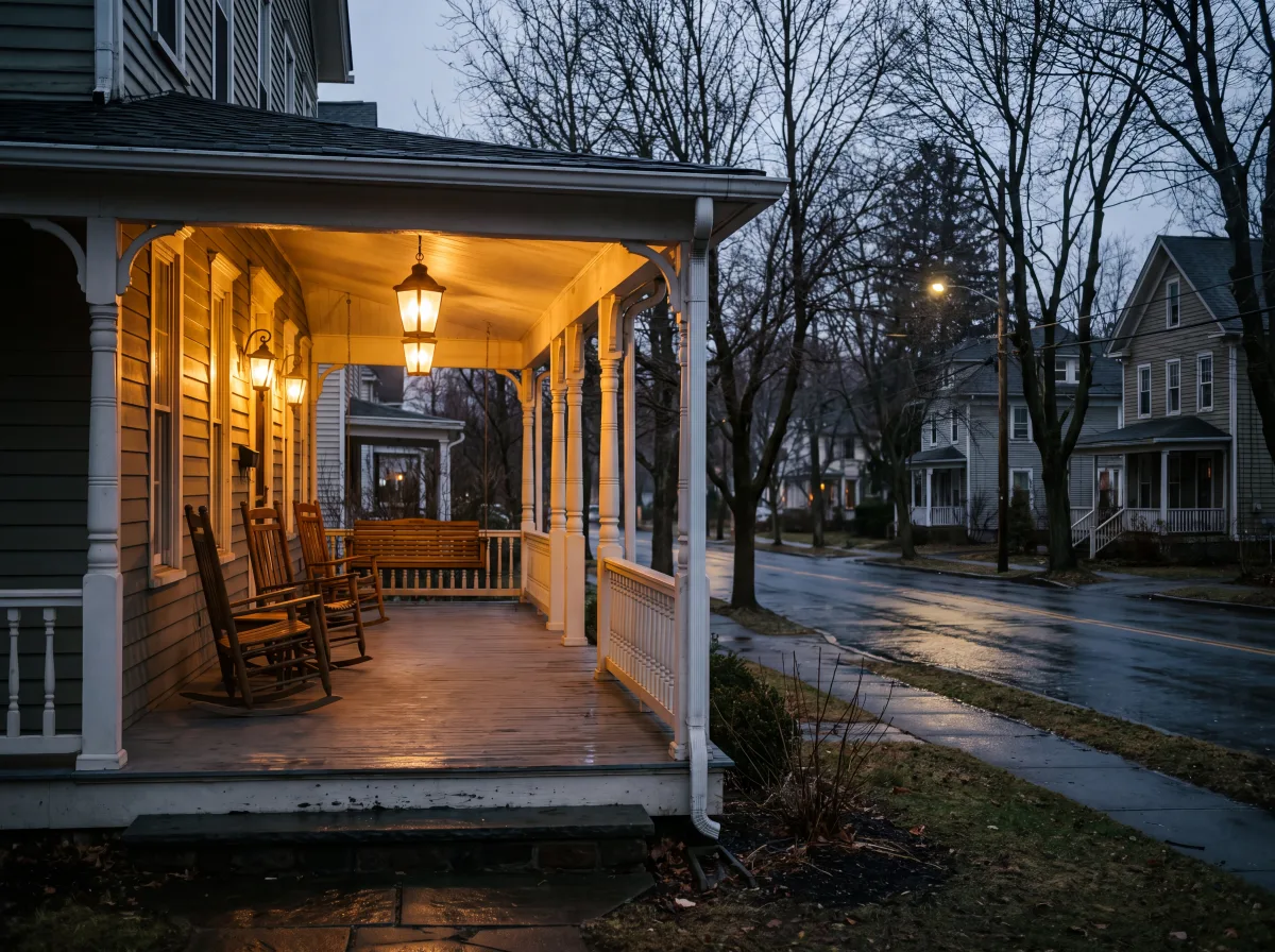 Wraparound Victorian porch at dusk in a Newburgh neighborhood
