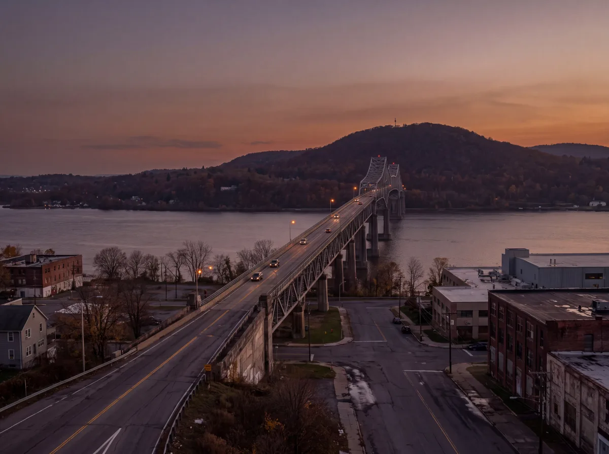 The Hudson River at Newburgh with the Newburgh-Beacon Bridge at dusk