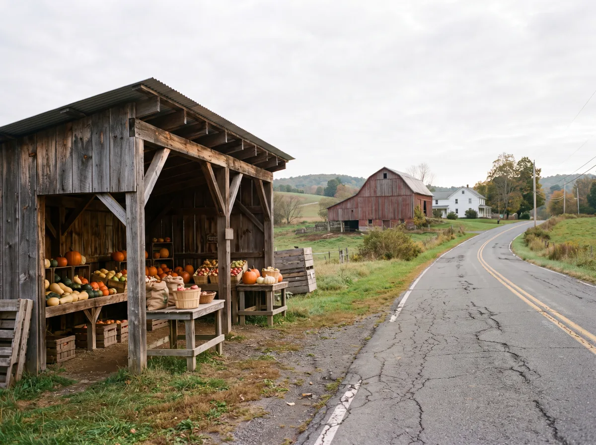 County road past a farm stand in Orange County