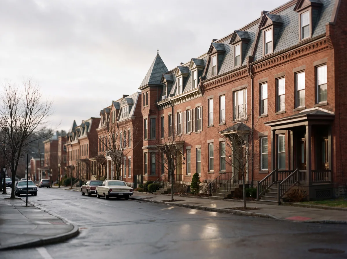 Brick rowhouses on a sloped Peekskill street