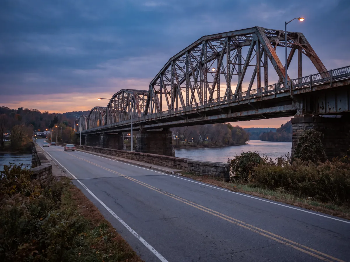 The Delaware River bridge at Port Jervis at dusk