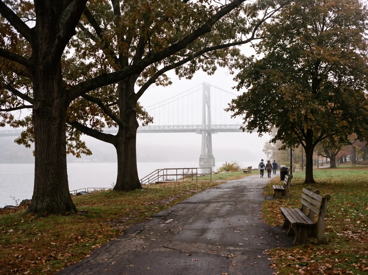 Hudson riverside park at Poughkeepsie in morning haze