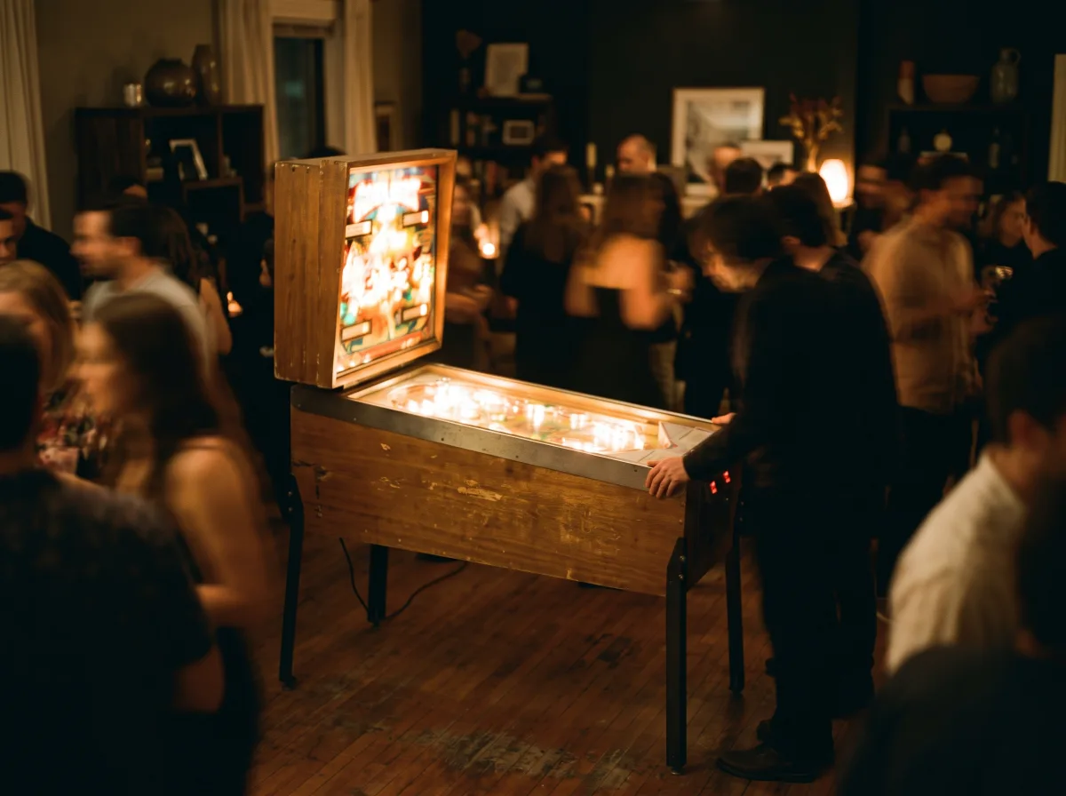 Party guests around a glowing pinball machine