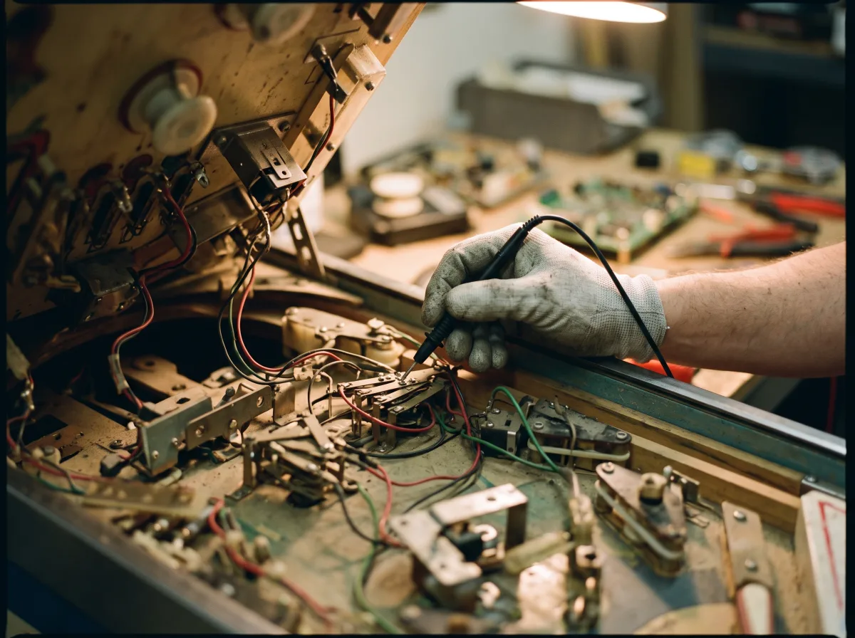 Multimeter over an opened pinball playfield
