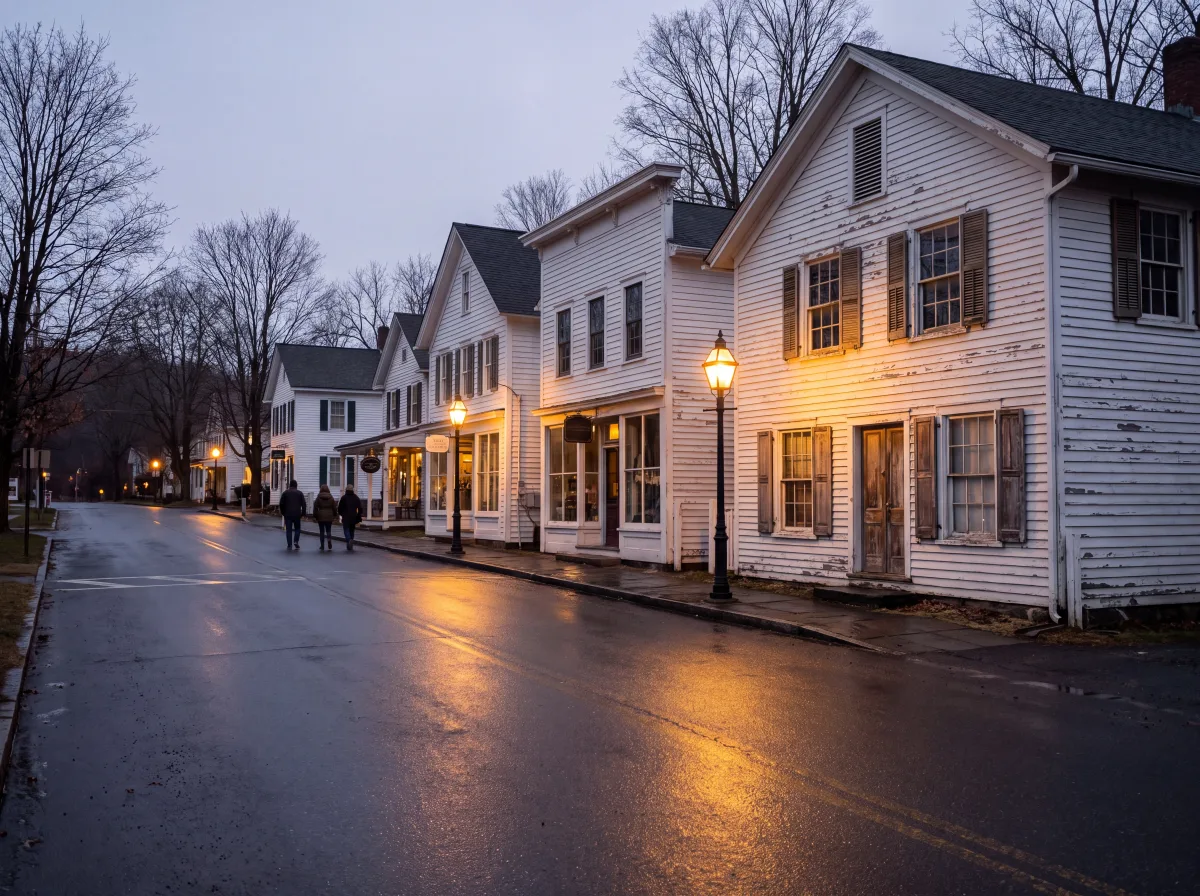 White clapboard village buildings at Rhinebeck at dusk