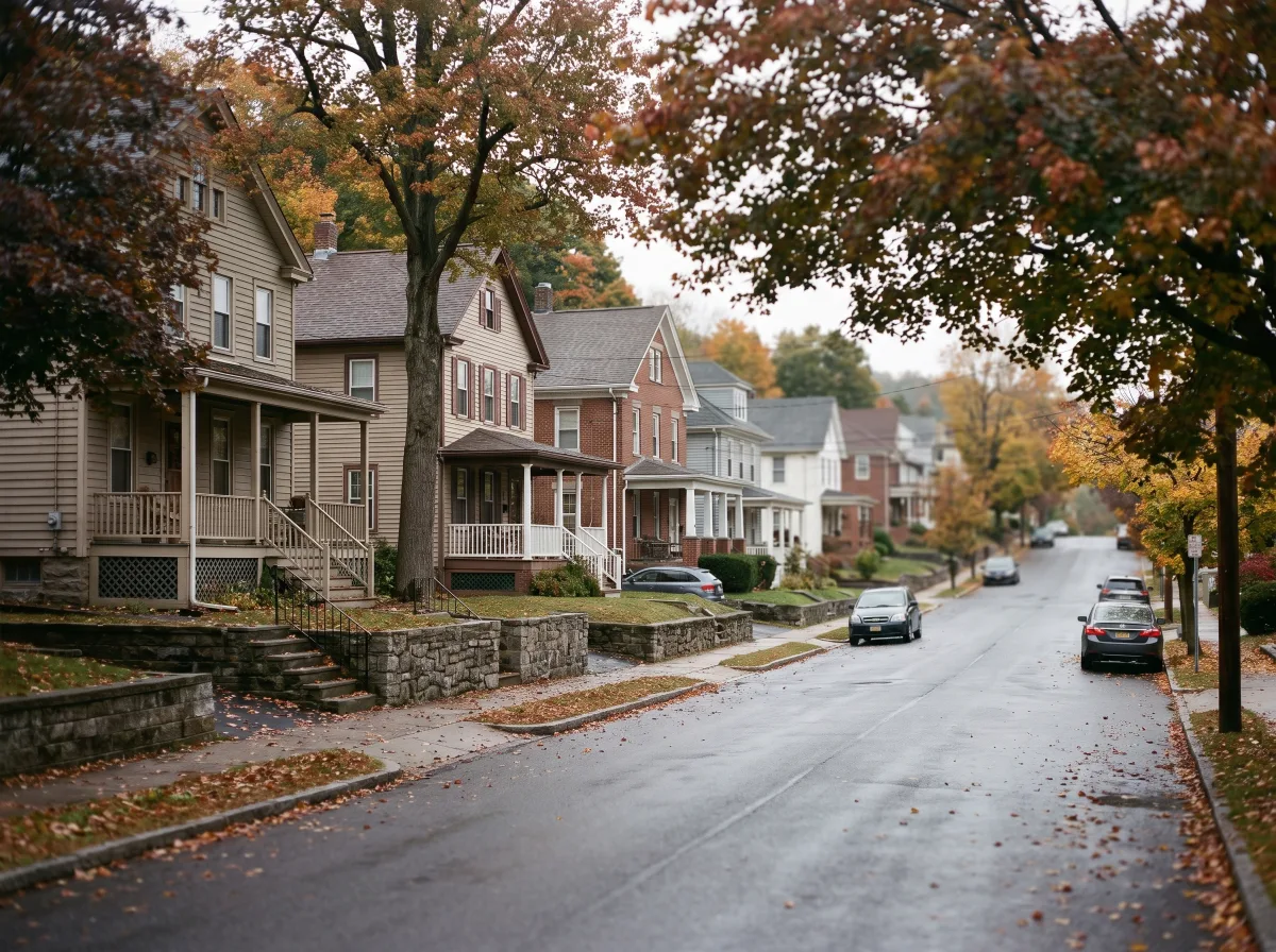 Houses stepping down a sloped Wappingers Falls street in autumn