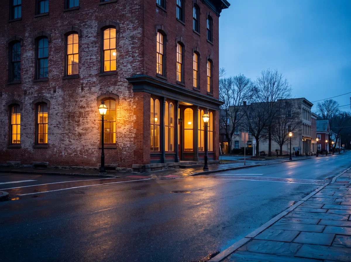 Brick corner building at dusk in Wappingers Falls