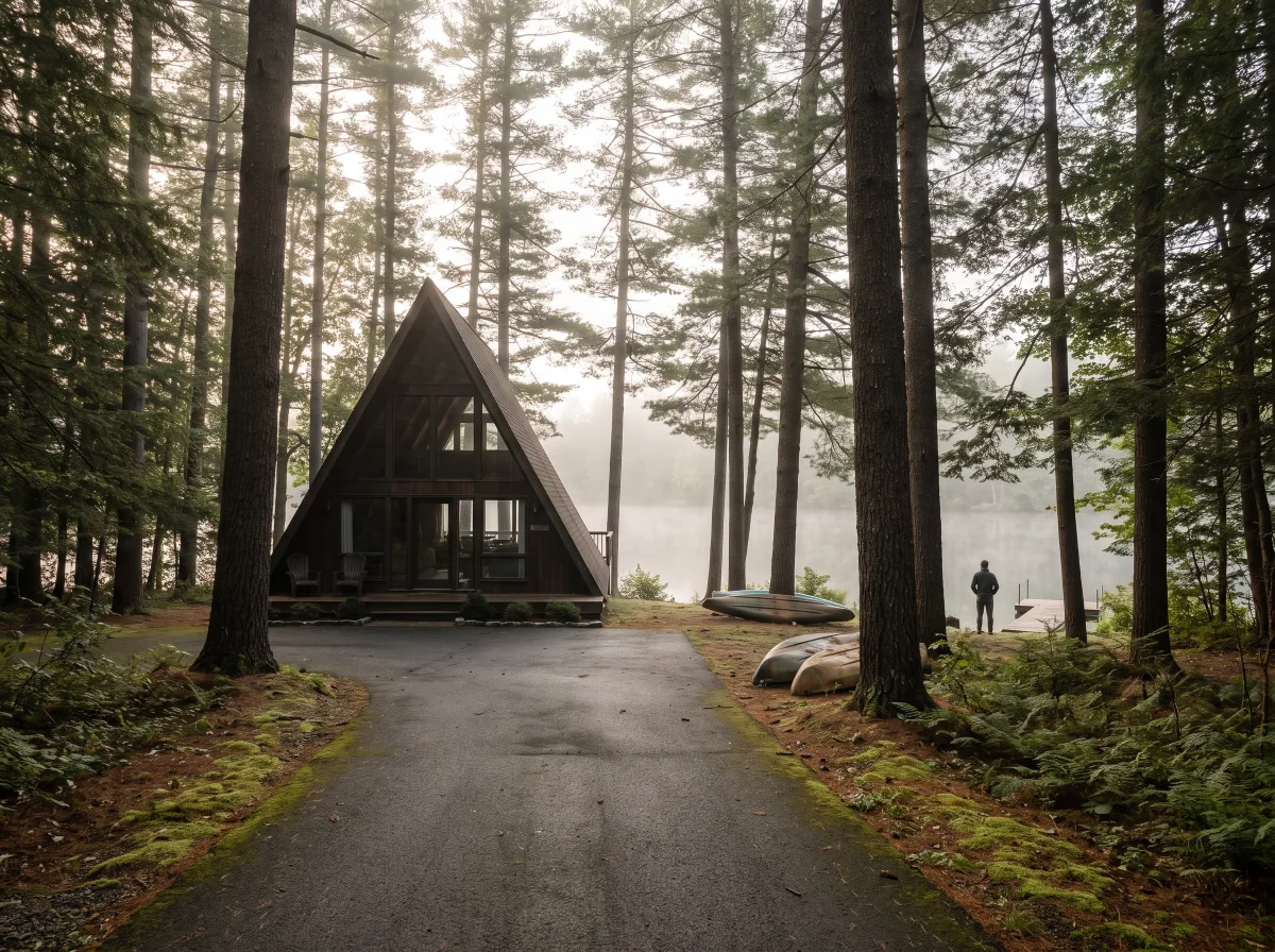 A-frame cabin under pines in West Milford