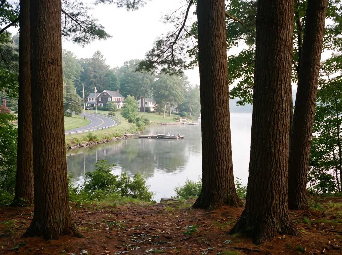 The New Croton Reservoir through pines near Yorktown Heights